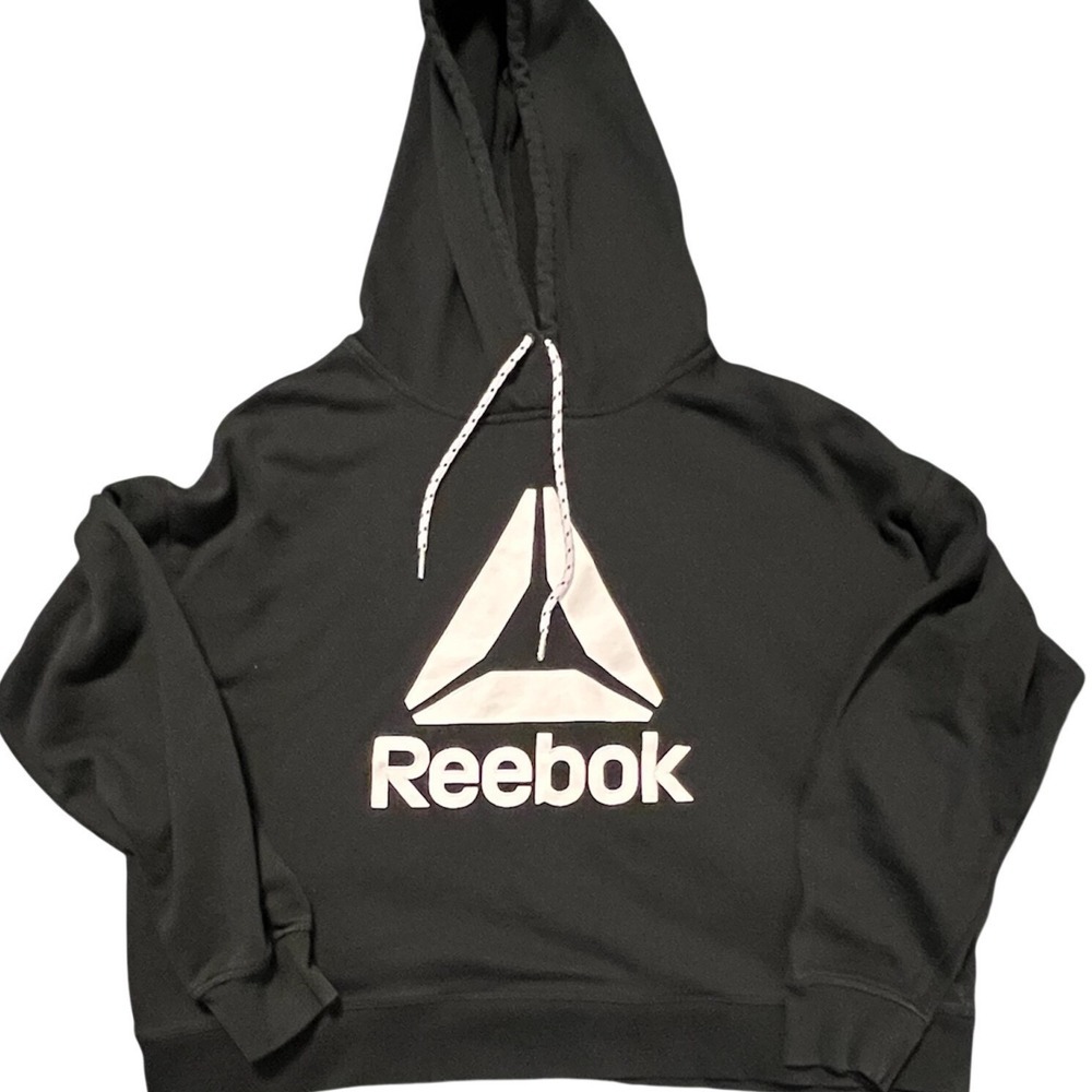 Reebok Women's Cropped Hoodie Black White Graphic Pullover - Size XL